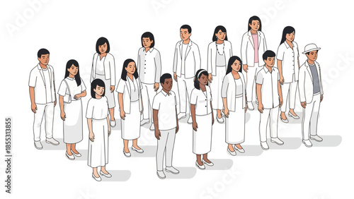 Diverse group of people standing together in casual outfits on white background