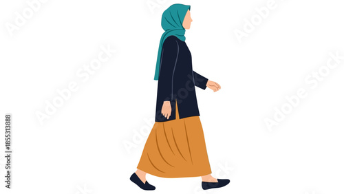 Woman in hijab walking side view in flat design