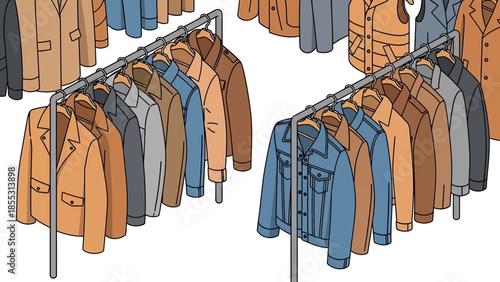 Isometric clothing display: stylish jackets and coats on racks
