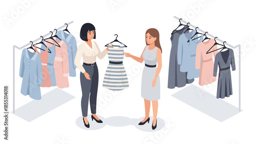 Women shopping in fashion boutique with clothing racks and stylish dresses