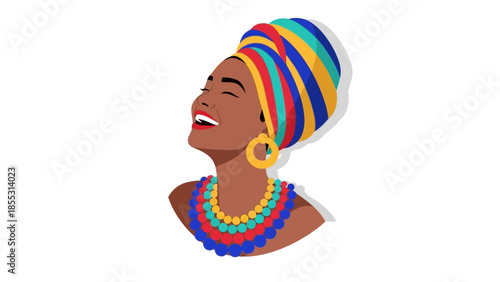 Vibrant portrait of a joyful woman with colorful headwrap and accessories
