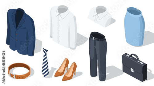Isometric business attire collection with shirts, skirt, and accessories on white background