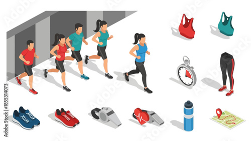 Running team with fitness gear in isometric style