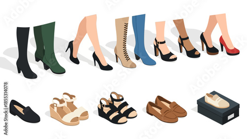 Stylish footwear collection with variety of heels, sandals, and boots in isometric design