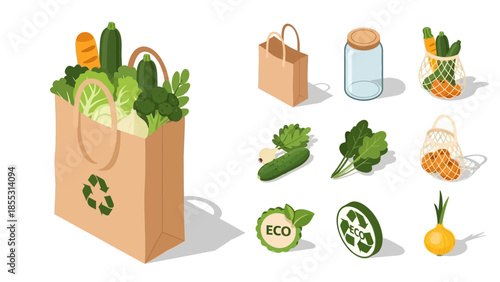 Eco-friendly shopping: sustainable grocery icons with reusable bags and fresh produce