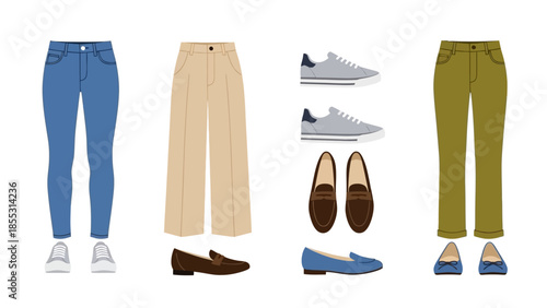 Trendy casual outfits with pants and shoes in flat design