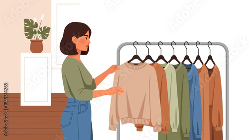 Woman choosing outfits from a clothing rack in a modern boutique setting