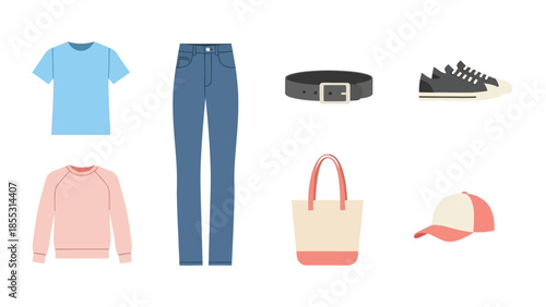 Modern casual fashion icons: t-shirt, jeans, sneakers, bag, and accessories in minimalist style