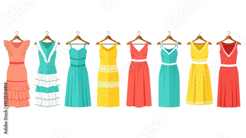 Colorful summer dresses on hangers in flat design
