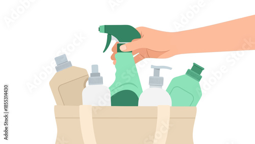 Eco-friendly cleaning products in a reusable tote bag for sustainable lifestyle
