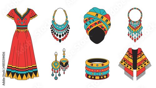 Traditional african fashion elements with bold colors and geometric patterns