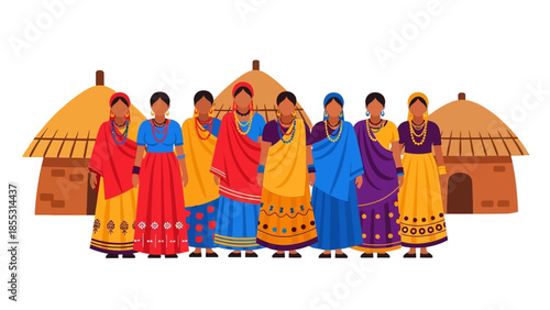 Traditional women in colorful attire with huts in background