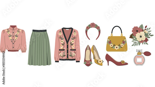 Floral fashion ensemble: elegant clothing and accessories with botanical embroidery