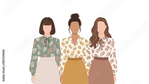 Floral fashion: diverse women in patterned blouses celebrating modern style
