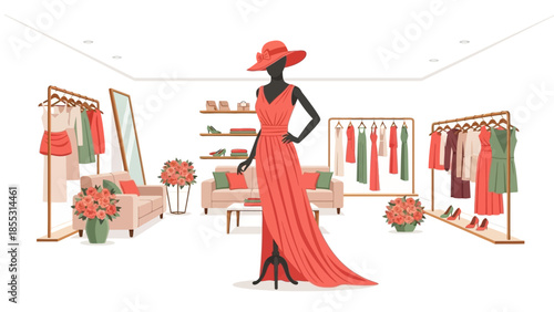 Elegant fashion boutique with mannequin in chic hat and graceful dress