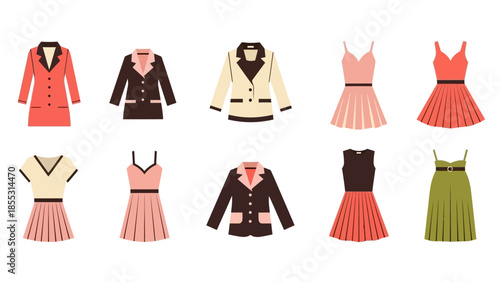 Flat style women's fashion collection: dresses and blazers illustration