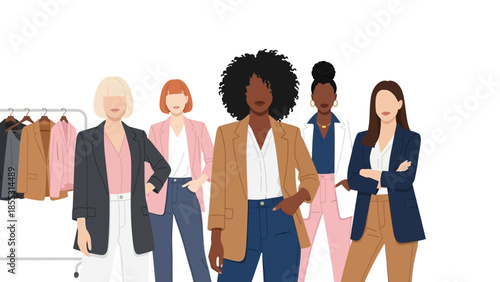 Diverse confident women in stylish outfits with blazers and trousers