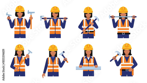 Construction workers in safety gear performing various tasks