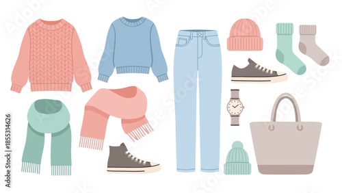 Casual winter outfit collection with cozy sweaters, accessories, and footwear in pastel tones