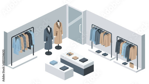 Modern clothing store isometric view with coats and accessories in neutral tones