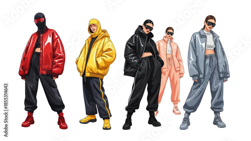 Urban streetwear fashion: diverse styles in bold colors and modern cuts