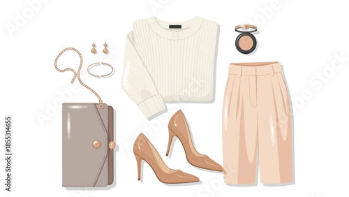 Chic fashion ensemble with accessories: elegant sweater, skirt, heels, and jewelry