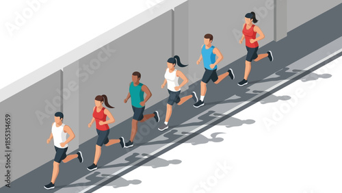 Diverse group of athletic runners in isometric style jogging outdoors