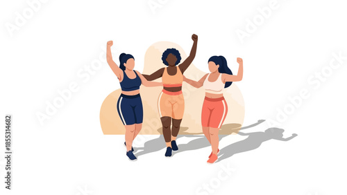 Three confident women celebrating success together in minimalist art