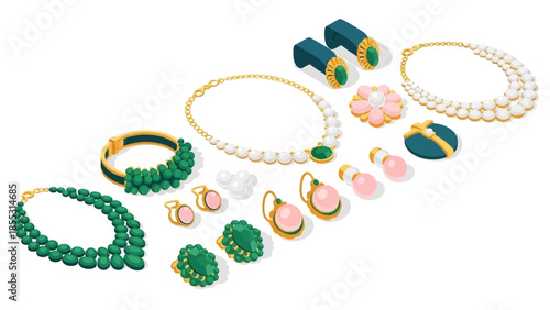 Elegant isometric jewelry collection featuring necklaces, earrings, and bracelets