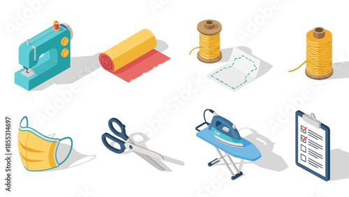 Isometric sewing tools and materials: essential equipment for tailoring and crafting