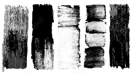 Set of grunge rolled ink stamp textures handmade with brayer Letterpress vintage rough rectangle vertical backgrounds Linocut relief printing shapes vector illustration isolated 