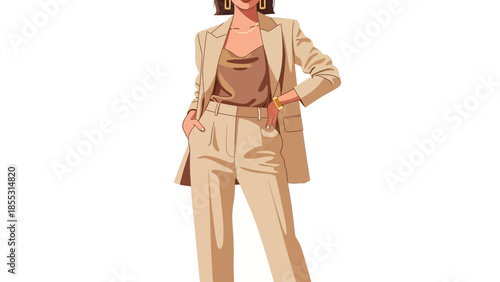 Confident woman in stylish beige suit posing with hands in pockets