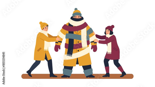 Warm clothing layering concept with diverse characters in flat design