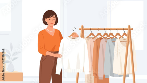 Woman choosing clothes from rack in modern boutique setting