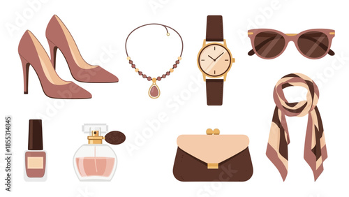 Elegant accessories collection featuring shoes, jewelry, and more in a stylish flat design