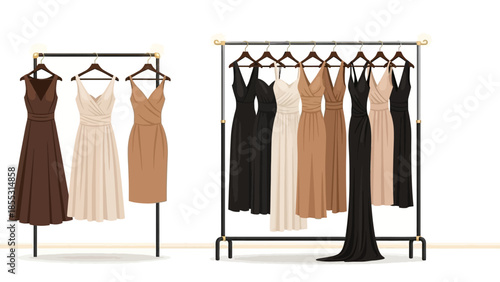 Elegant evening dresses on minimalist racks in neutral tones