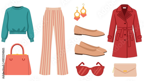 Contemporary fashion collection with striped pants, teal sweater, and accessories