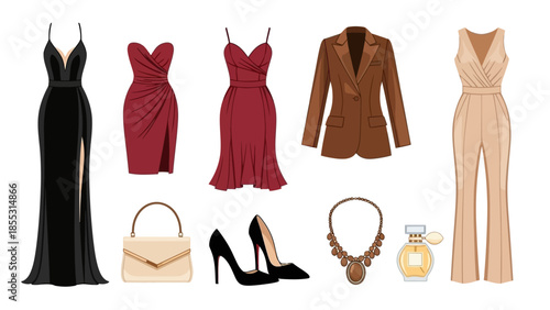 Elegant fashion collection featuring evening dresses, chic blazer, and accessories
