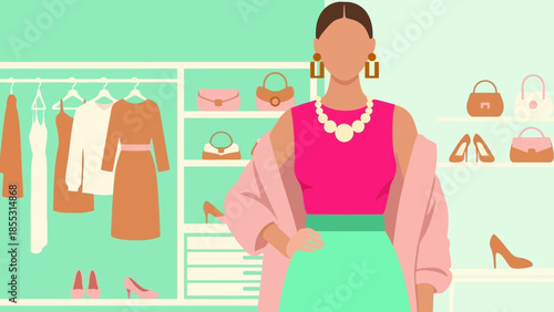 Fashionable woman in chic boutique with stylish outfits and accessories