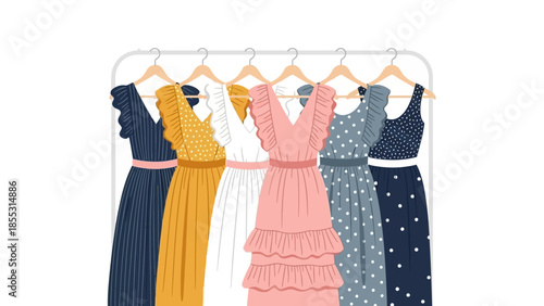 Elegant dresses on hangers in a modern flat design
