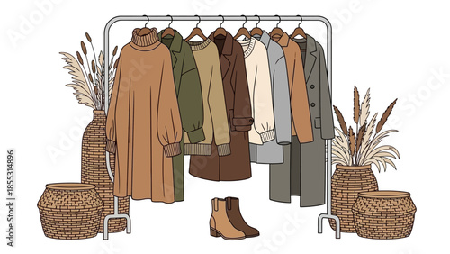 Cozy autumn wardrobe display with earth-tone coats and sweaters on rack