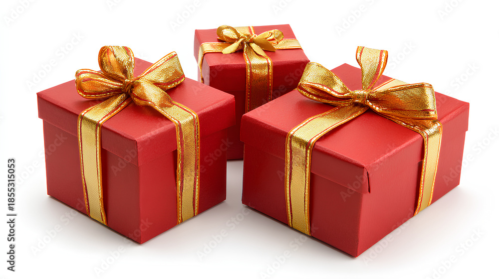 Fototapeta premium Set of red gift box with golden ribbon isolated on white