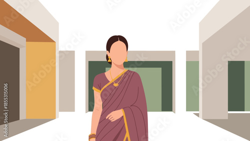 Elegant woman in traditional attire walking in modern architectural setting