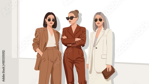 Fashionable women in stylish blazers and sunglasses with minimalist background