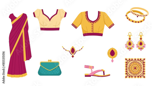 Traditional indian fashion elements featuring sari, blouses, and accessories in flat design