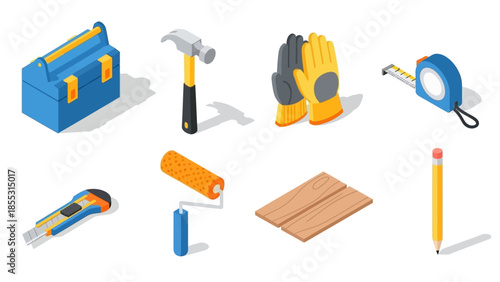 Essential diy tools collection: hammer, gloves, measuring tape, and more in isometric style