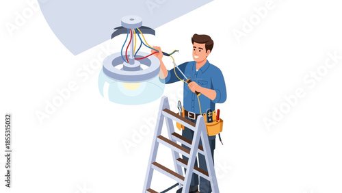 Electrician fixes ceiling light fixture with tools on ladder in home maintenance scene
