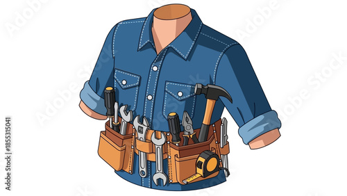 Tool belt in denim shirt: essential diy and construction equipment
