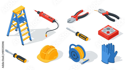 Isometric tool set with ladder, drill, helmet, and gloves on white background
