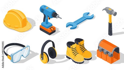 Isometric construction tools: safety gear, power drill, wrench, hammer for builders